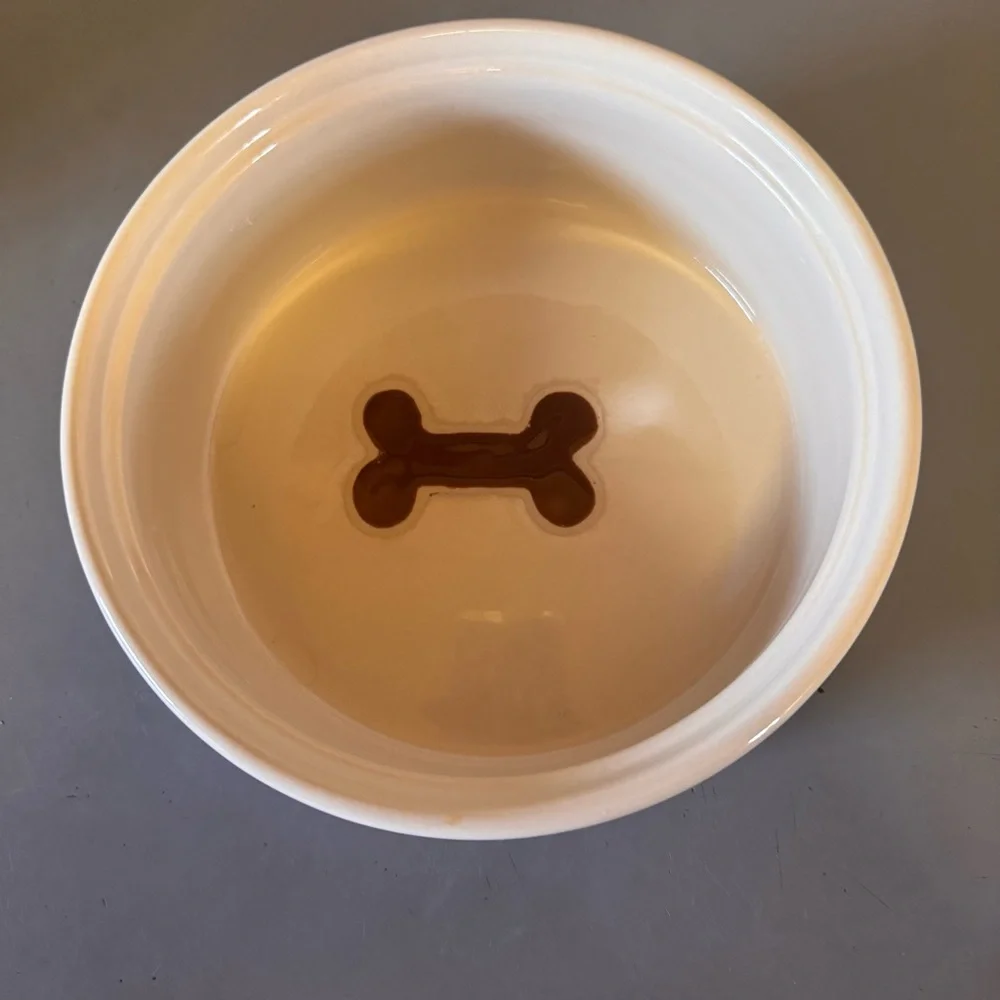 Ceramic Dog Bowl Blue White & Food, Brown Letters With Brown Bone Print